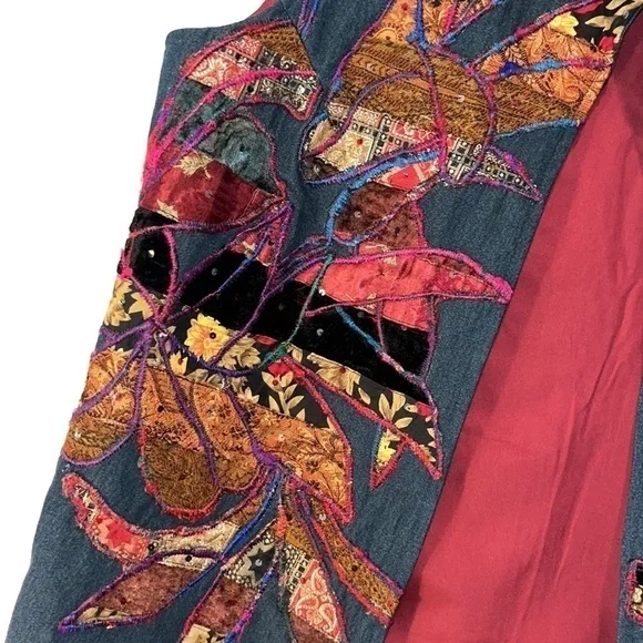 Beautiful mixed media art folk embroidered open vest Coldwater Creek size M - Picture 2 of 9